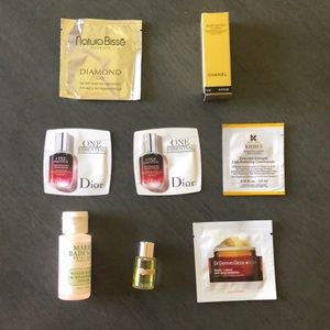Luxury skincare sample bundle: La Mer, Chanel, Dior, Natura Bisse, and more.